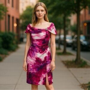 NWT Eliza J Off The Shoulder Pink White Red and Purple Watercolor Dress Size 12